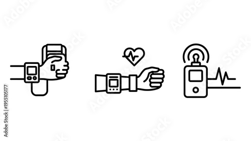 Smart wearable technology icons showing wrist health monitoring device, pulse tracking on arm, and wireless signal transmission for medical data telemetry for fitness wellness apps