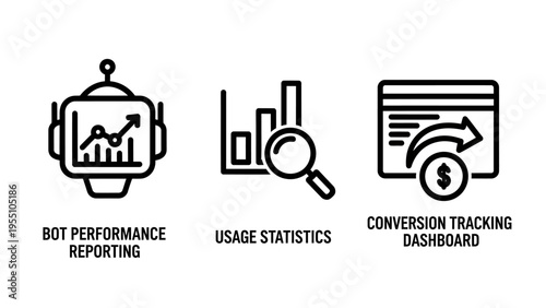 Artificial intelligence analytics icons for bot performance reporting, user usage statistics bar chart, and conversion tracking dashboard, financial dollar symbol for business apps