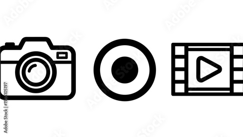 Photography and production line icons set including digital camera symbol record button and motion picture film strip for multimedia content creation and media design