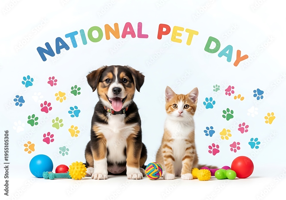 Fototapeta premium Cute dog and cat sitting together on national pet day