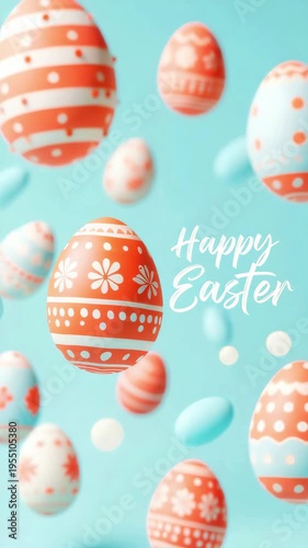 Floating pastel easter eggs on turquoise background, seasonal holiday greeting card layout, spring celebration marketing backdrop, festive decorative pattern with lettering happy easter