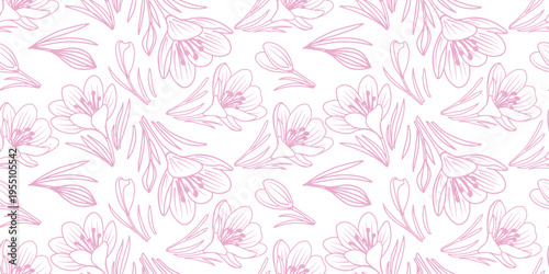 Seamless floral pattern with crocus flowers in pink line art on white background. Minimal botanical vector repeat design perfect for textile printing, wallpaper and elegant surface patterns.