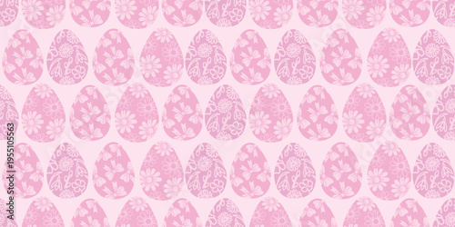 Festive seamless pattern with rows of Easter eggs decorated with detailed white line art of flowers and ribbons in soft pastel pink tones. Elegant vector repeat for textile and holiday design.