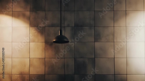 Single industrial pendant light fixture illuminating a textured tiled wall with a warm glow and casting dramatic shadows, highlighting modern interior design and a minimalist aesthetic