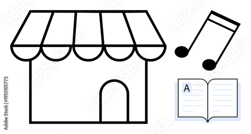 Education, business concepts, music, creativity, commerce, inspiration. Shopfront icon with musical notes and book symbol. Education and creativity conceptualized together in visual symbols