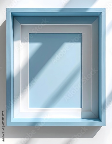 Light Blue Wooden Empty Picture Frame With White Matting On White Background With Soft Shadows