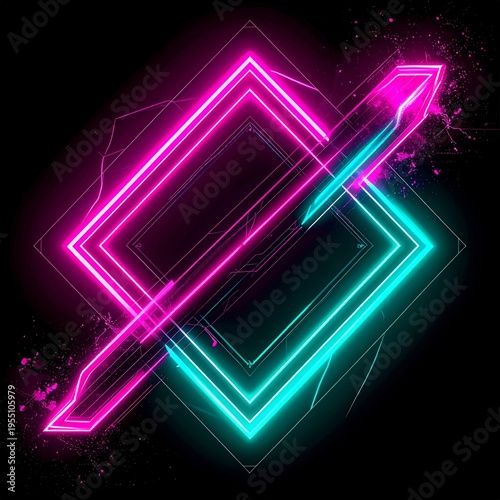 Neon Geometric Shapes Abstract With Pink And Teal Glow Against Dark Background