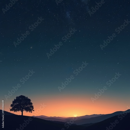Single tree silhouette on hill under starry twilight sky. Warm orange sunset fades to deep blue over layered mountains. Peaceful dusk with emerging stars.