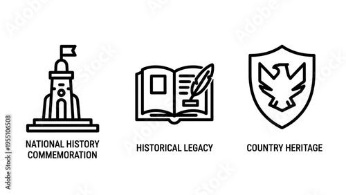Historical commemoration icons: national history, legacy, and country heritage symbols representing past achievements and traditions