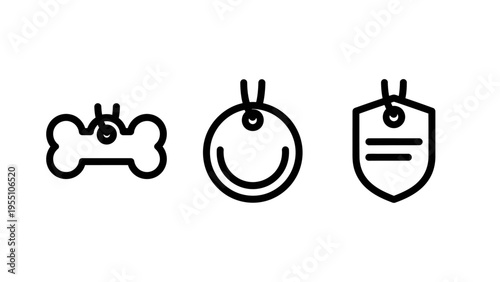 Pet accessories icons: bone tag, round tag with smile, and shield tag symbolizing identification and personalization for dogs and cats