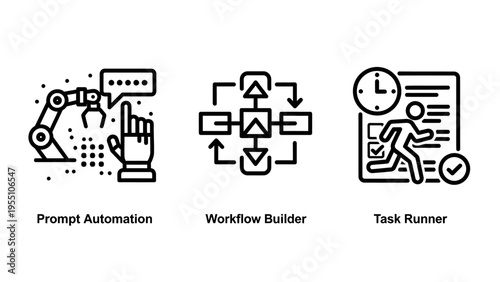 Automation icons: robot arm with finger, workflow diagram, runner with timer and checklist - process automation, workflow builder, task runner vector graphics