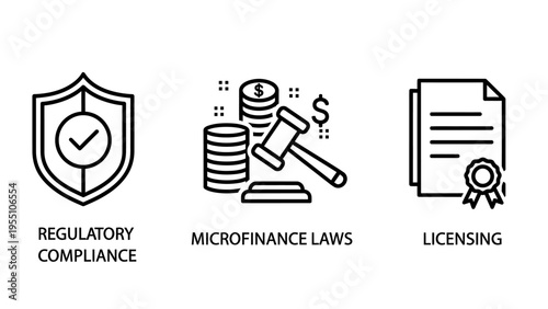 Business law icons: shield with checkmark, gavel with coins, document with seal - regulatory compliance, microfinance laws, licensing vector graphics, finance icon