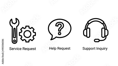Icons for service request, help request, and support inquiry, symbolizing customer assistance, troubleshooting, and communication in business, line art