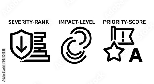 Icons representing severity rank, impact level, and priority score for risk assessment, project management, and performance evaluation, line art