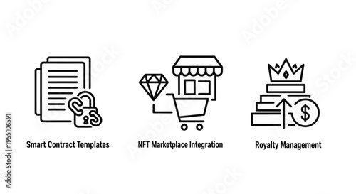 Icons for smart contract templates, nft marketplace integration, and royalty management, illustrating blockchain, digital assets, and finance technology, line art