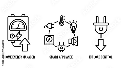 Icons for home energy manager, smart appliance, and load control representing smart home technology, energy efficiency, and power management, line art
