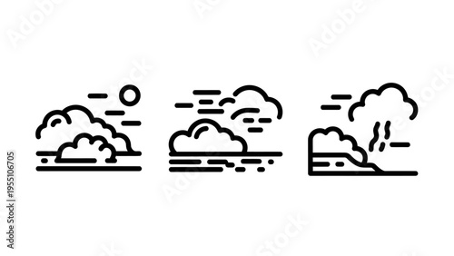 Cloud formation icons: sun and clouds, fast moving clouds, and storm clouds over land for weather and atmosphere concepts, weather event