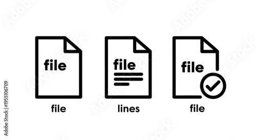 Document file icons: blank page, lined text, and checked document for paperwork, information, and success concepts