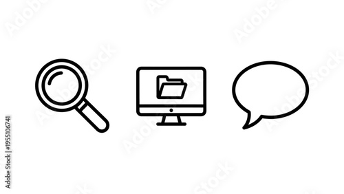 Simple line icons for search, computer file management, and communication chat bubble, representing online tools and digital interaction for business or personal use
