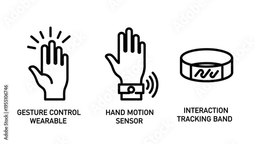 Gesture control hand, hand motion sensor, and interaction tracking band icons for wearable technology and user interface