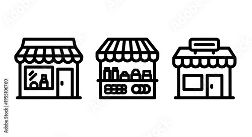 Line art icons of storefronts representing shops, retail businesses, and commercial establishments, suitable for concepts of commerce, trade, and local economy