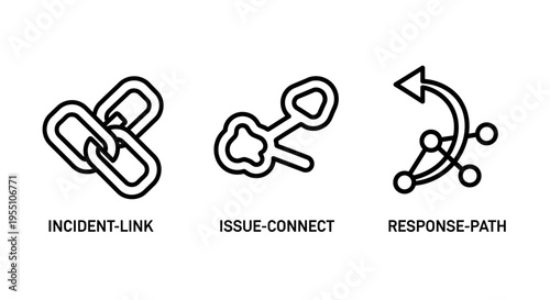 Set of linear icons: linked chain for incident connection, puzzle piece for issue resolution, and curved arrow for response path, illustrating problem-solving and workflow