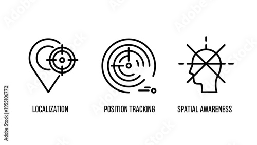 Icons illustrating localization, position tracking, and spatial awareness, depicting navigation, gps, and location-based services for technology and mapping