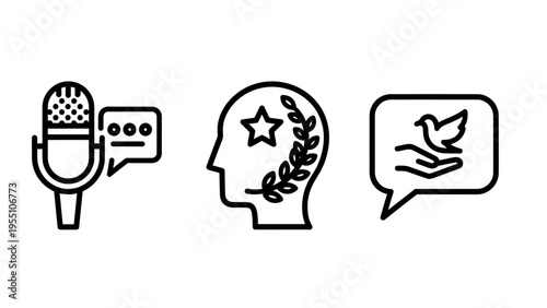 Outline icons for podcast microphone with speech bubbles, profile head with laurel wreath, and hand holding dove with speech bubble, symbolizing communication, achievement, and peace