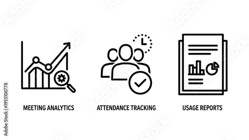 Icons for meeting analytics, attendance tracking, and usage reports, illustrating business data analysis, team management, and performance metrics, magnifying glass