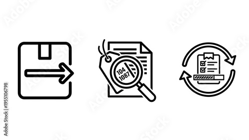 Icons for shipping, price tag inspection, and process checklist, signifying logistics, product pricing analysis, and quality control