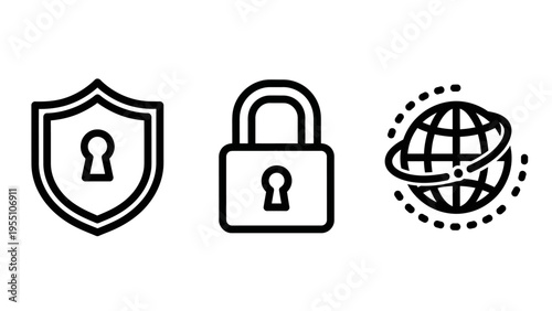 Security icons: shield, padlock, and globe for digital protection, privacy, and network safety