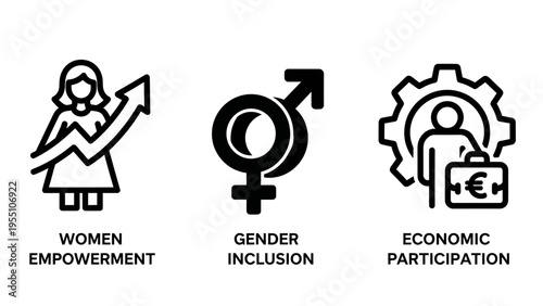 Women empowerment icons: growth chart, gender symbol, and economic participation for equality and inclusion