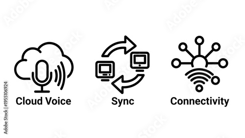 Cloud voice, sync, and connectivity icons: technology graphics for communication, data transfer, and network links