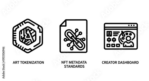 Web3 icons: nft art tokenization, metadata standards, and creator dashboard for blockchain and digital art platforms