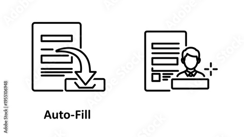 Auto-fill form icon and user data entry symbol: streamlined data input and digital form processing concepts in line art
