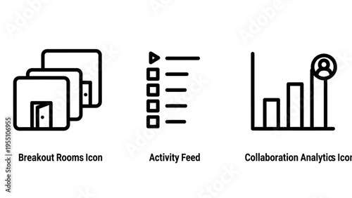 Breakout rooms, activity feed, and collaboration analytics icons: online meetings, engagement tracking, and teamwork concepts