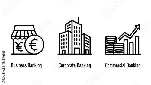 Business banking, corporate banking, and commercial banking icons: financial services, institutions, and economic concepts in line art