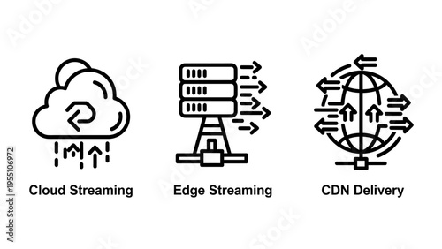 Set of three streaming and content delivery icons: cloud streaming, edge streaming, and cdn delivery