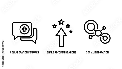 Set of three communication and growth icons: collaboration features, performance boost, and social interaction icons