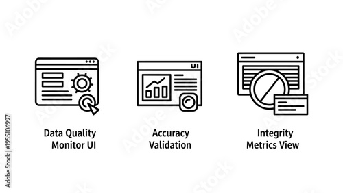 Data quality monitor, accuracy validation, and integrity metrics UI icons for software and analytics, data protection