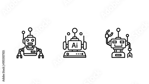 Cute robot icons: classic robot, AI robot head with digital display, and robotic arm, AI robot