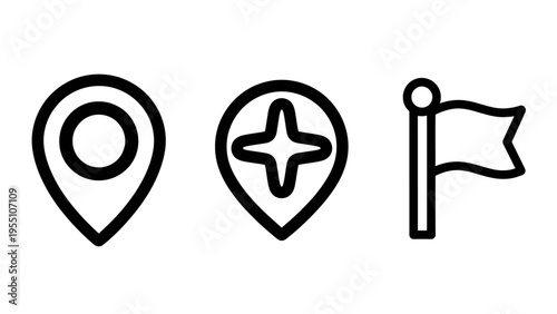 Location marker icons: standard pin, crosshair inside pin, and flag - for navigation and destinations
