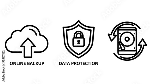Cloud data storage icons: online backup upload, shield with lock for data protection, and hard drive backup, backup icon
