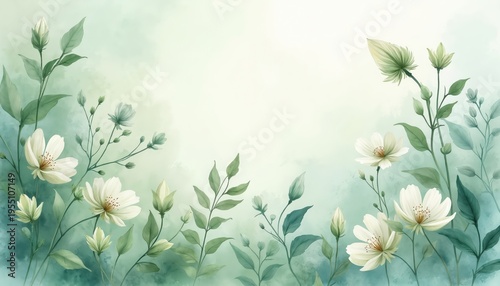 Soft watercolor art background with white floral elements and green leaves. Delicate pastel tones create a serene and naturalistic feel. Perfect for gentle invitations and spring designs.