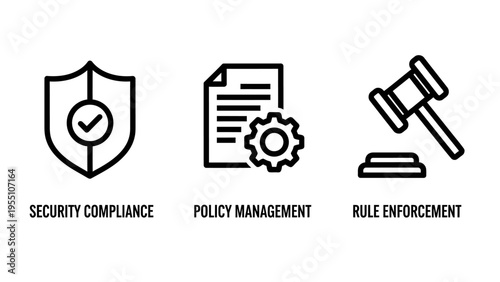 Policy and compliance management icons: security shield, document with gear, and judge's gavel for legal regulation and enforcement