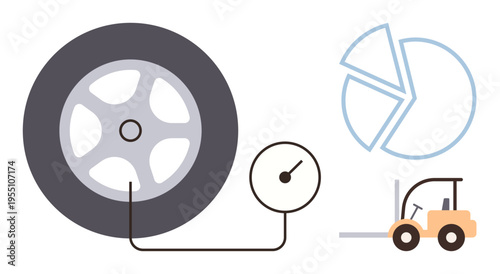 Industrial processes, data analysis, equipment usage, logistics, tire maintenance, vehicle management. A tire with a pressure gauge, pie chart and forklift. Industrial processes and data analysis