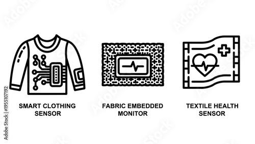 Smart clothing sensor and textile health monitoring icons set: technology for wearable devices and biometric data collection with health monitor