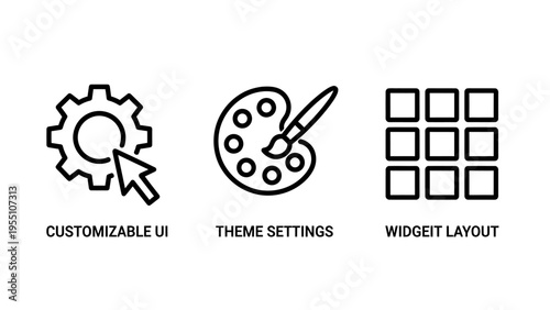 Customizable UI, theme settings, and widget layout line icons for web and app design, featuring gears, cursors, paint palettes, brushes, and grid patterns