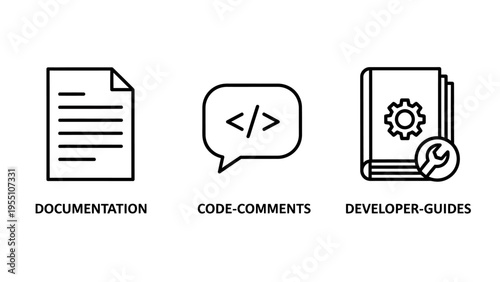 Software development line icons: documentation, code comments, and developer guides, featuring documents, code symbols, books, gears, and wrenches