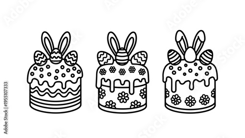 Outline vector illustration of traditional easter kulich cakes with bunny ears and decorated eggs
